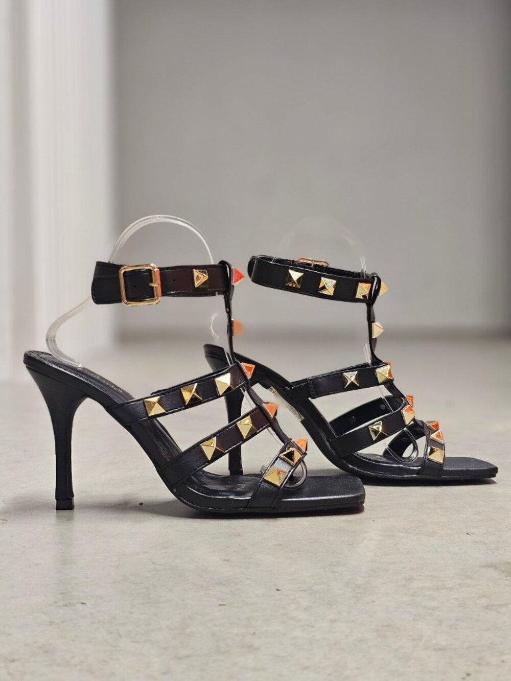 Black Studded High Heel Sandals With Square Toe & Adjustable Ankle Strap